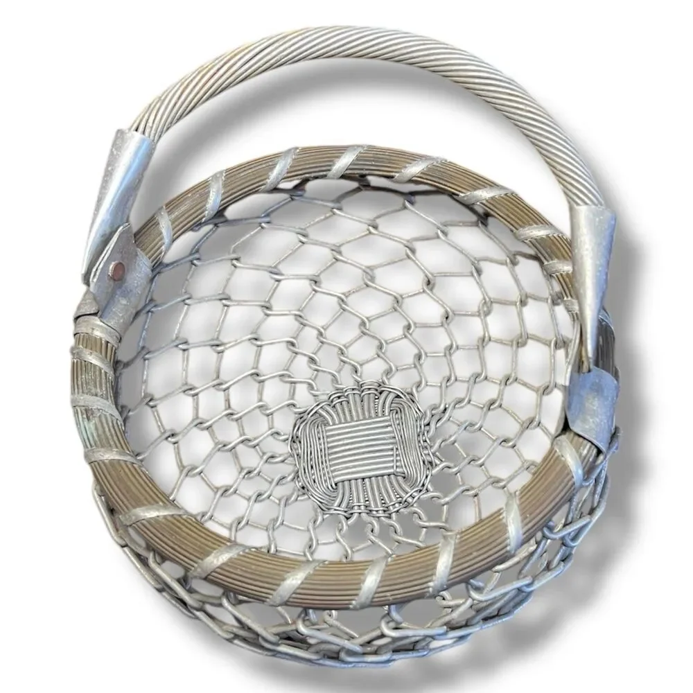 Round Vintage Metal Steel Woven Wire Basket With Hinged Handle Made In India